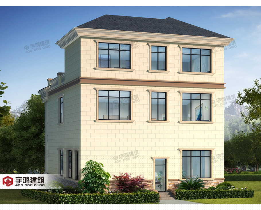 高端大氣三層農(nóng)村別墅設(shè)計(jì)圖，帶挑空客廳，框架結(jié)構(gòu)